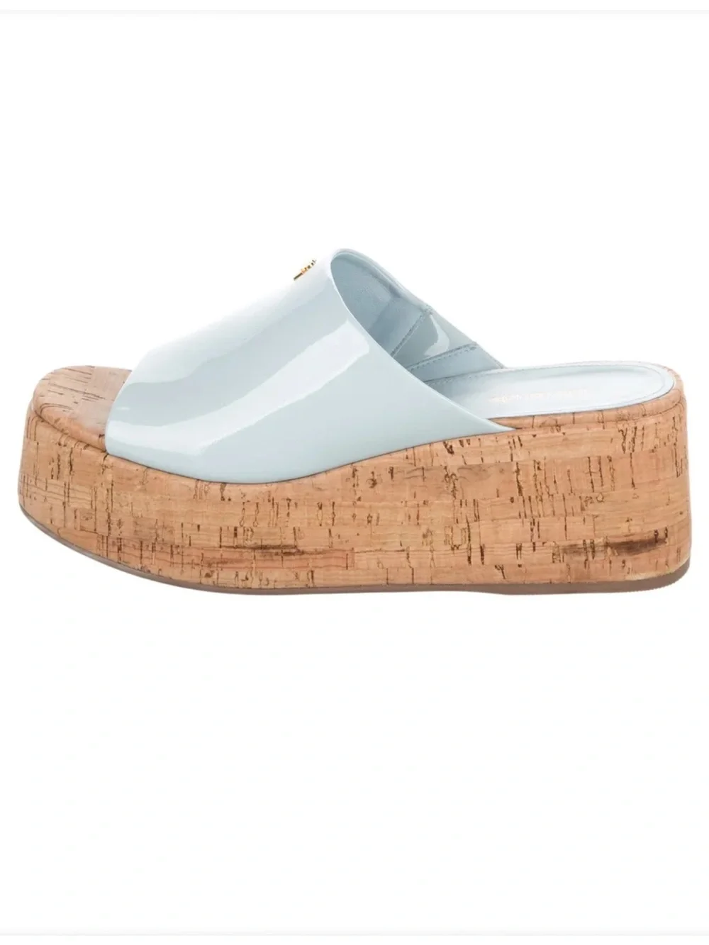 Larroude Charlie Mule in Maya Leather Ligh Blue Cork Slip